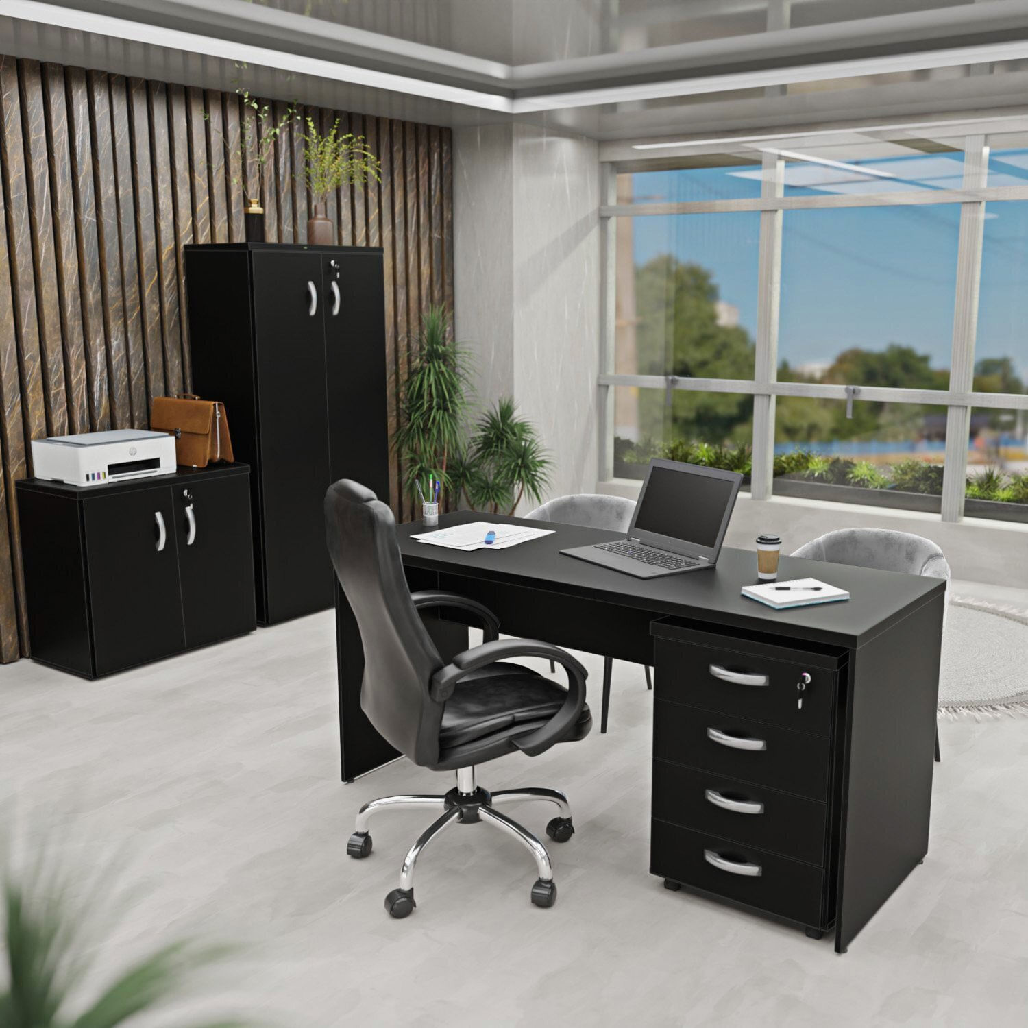 Kit 4 Peças Com Mesa Para Escritório, Gaveteiro E 2 Armários Preto