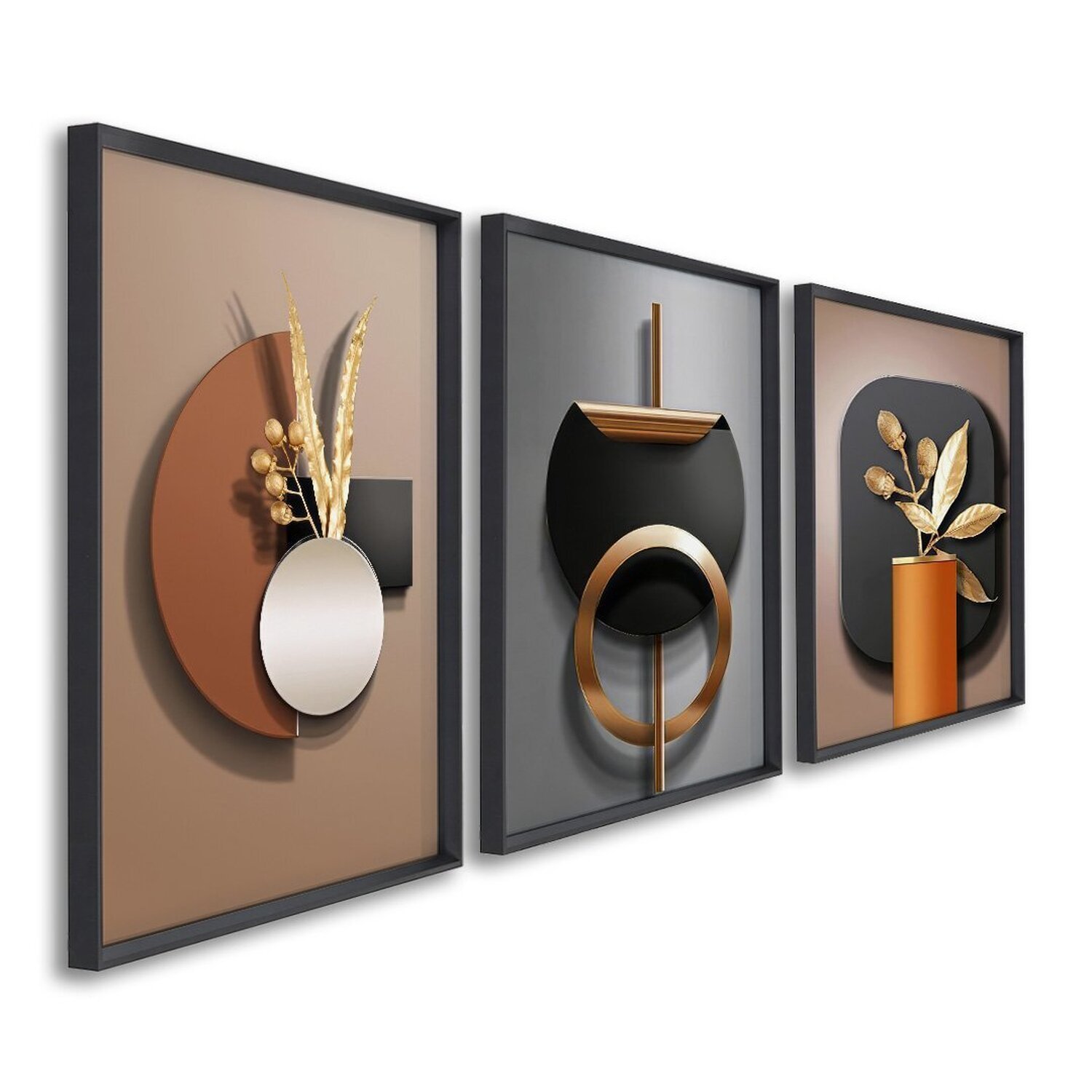 Quadro Decorativo Geométrico Abstrato Marrom Com 3 Telas De Parede Para Sala Quarto Escritório 60cm Sem Vidro Preto