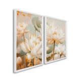 Quadro Decorativo Floral Flor De Lótus Com 2 Telas De Parede Para Sala Quarto Escritório 60cm X 90cm Sem Vidro Branco