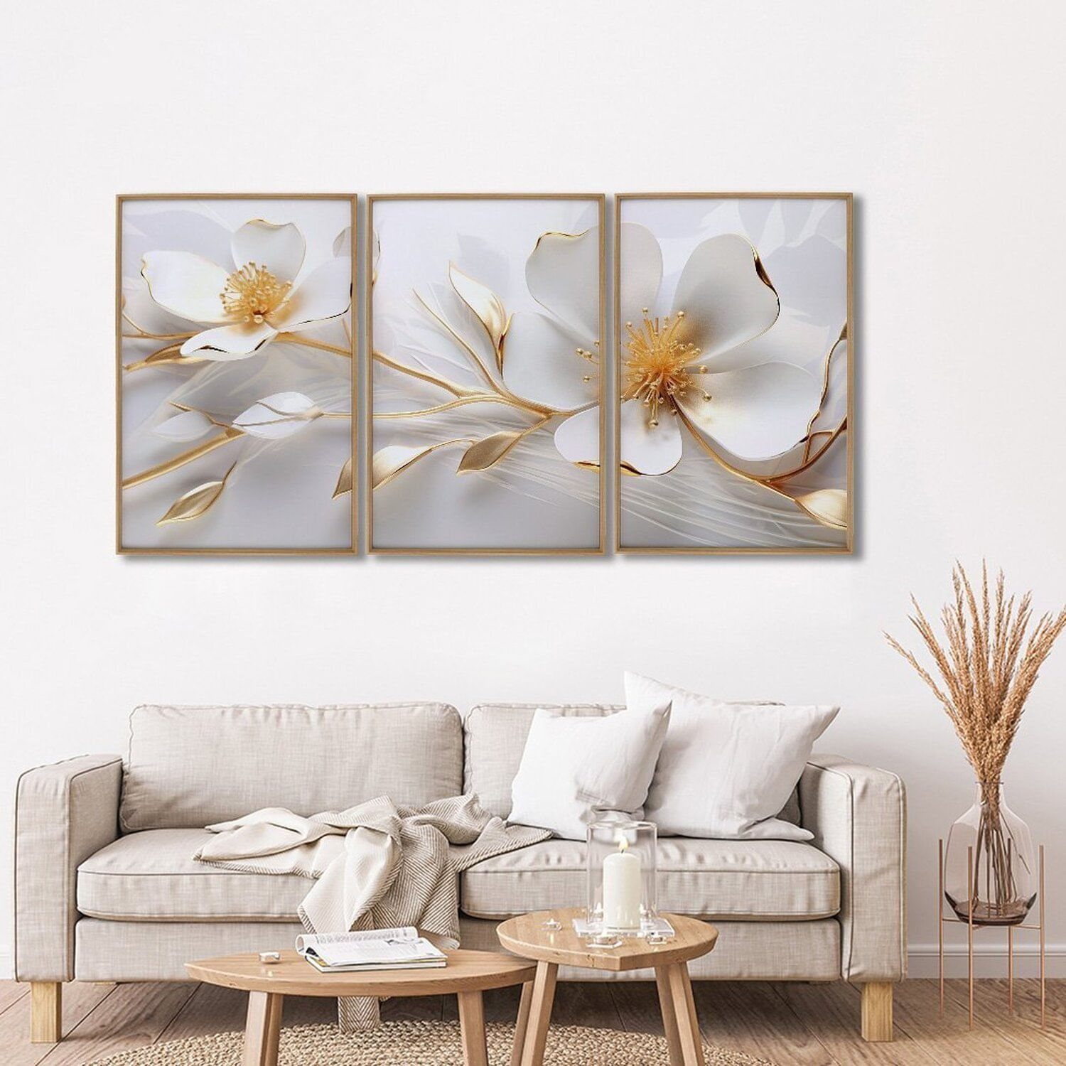 Quadro Decorativo Floral Delicado Magnólias Com 3 Telas De Parede Para Sala Quarto Escritório 60cm X Com Vidro Branco