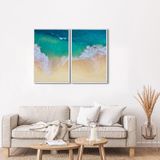 Quadro Decorativo Paisagem Praia Maré Alta Com 2 Telas De Parede Para Sala Quarto Escritório 60cm X Com Vidro Branco