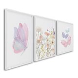 Quadro Infantil Decorativo Flores E Borboletas Com 3 Telas Cm De Parede Para Quarto Sala Brinquedote Sem Vidro Branco