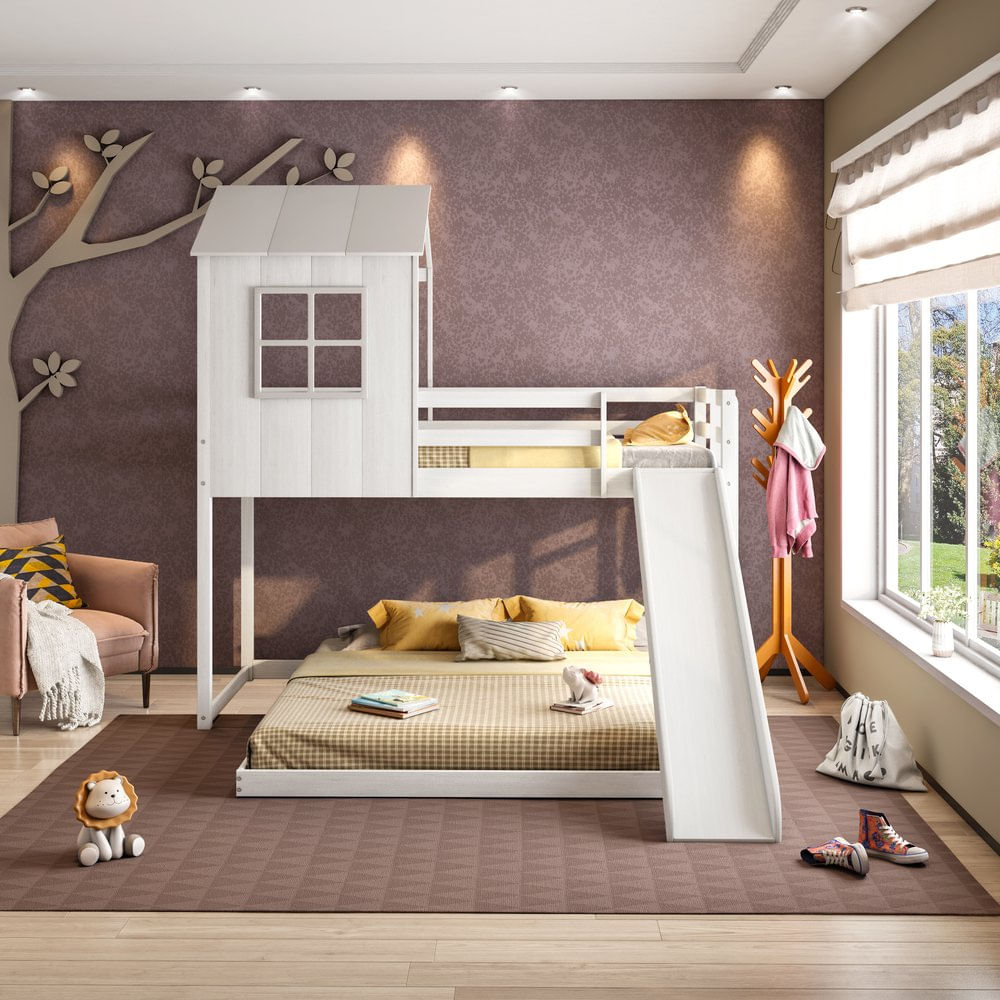 Beliche Queen Montessoriano Cabana Family Com Escorregador Casatema Branco/offwhite