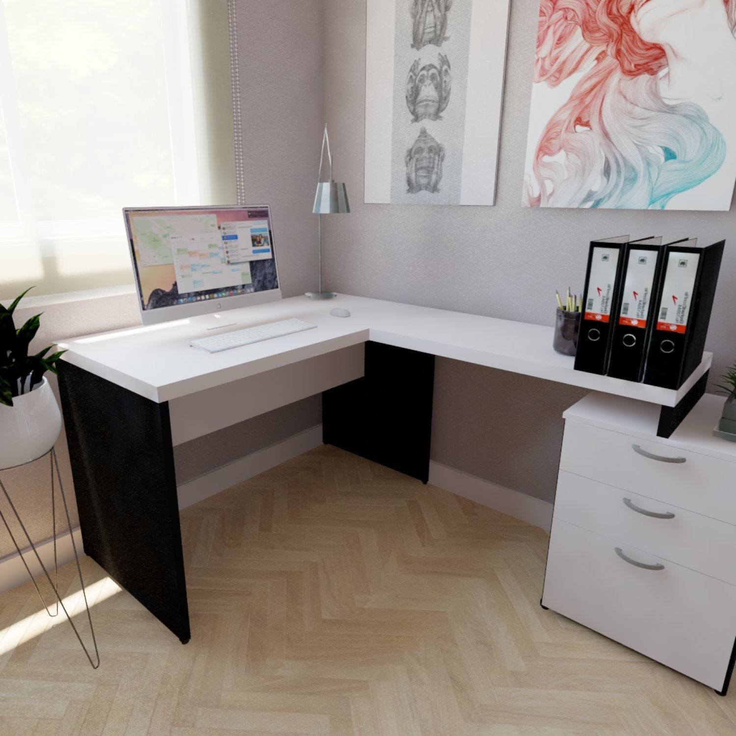 Mesa Auxiliar Com Gaveteiro Pedestal Pasta Suspensa E 2 Gavetas Natus Bramov Móveis Preto/branco