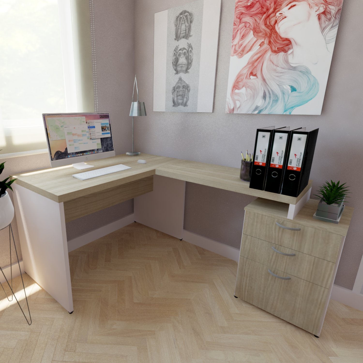 Mesa Auxiliar Com Gaveteiro Pedestal Pasta Suspensa E 2 Gavetas Natus Bramov Móveis Branco/carvalho Mel