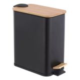 Lixeira Retangular Pedal 5l Preta Metal E Bambu Banheiro