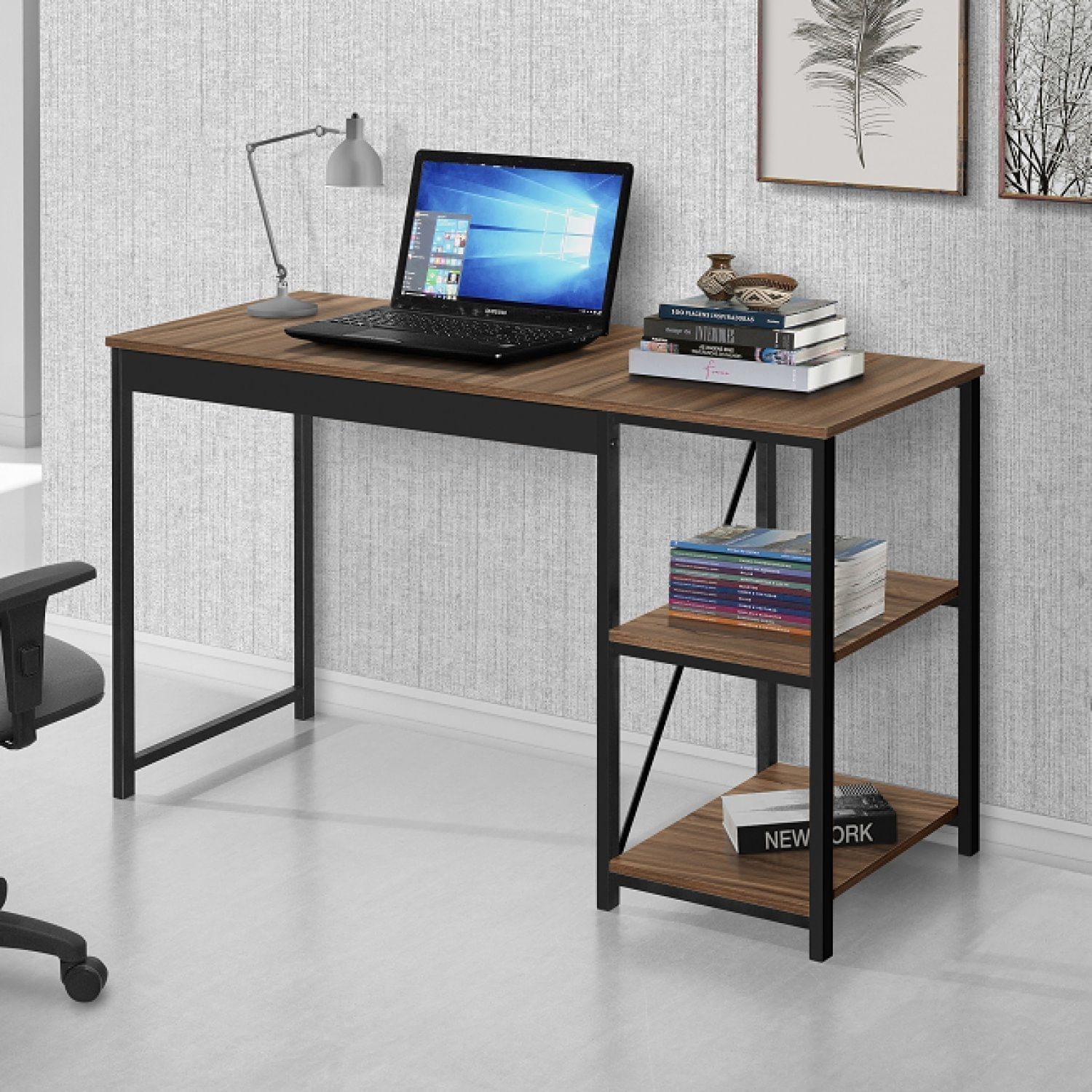 Escrivaninha Mesa Escritório Office 120cm 2 Prateleiras Pietra Yescasa Nogal/preto