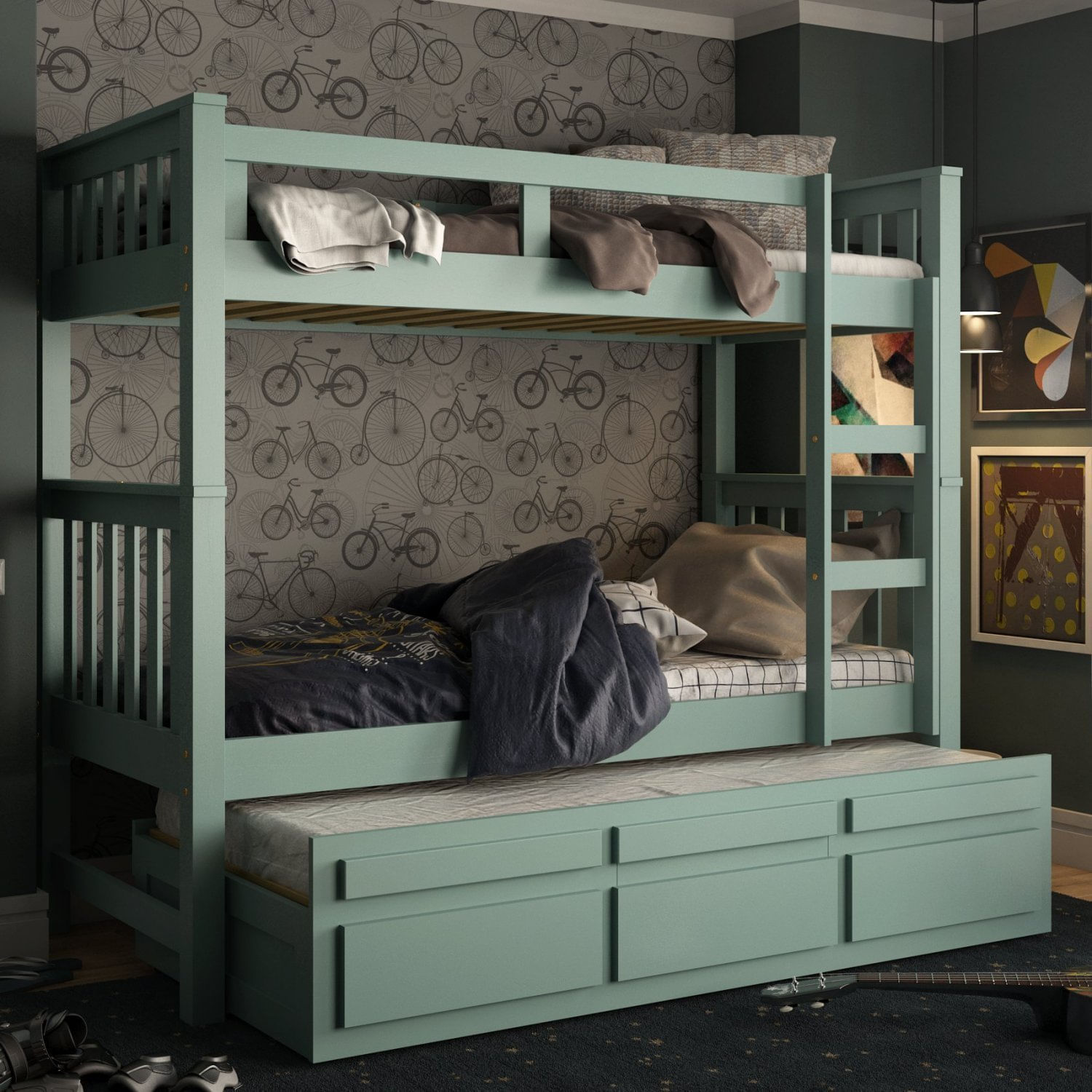 Treliche Solteiro Com 3 Gavetas 100% Madeira Maciça Verde