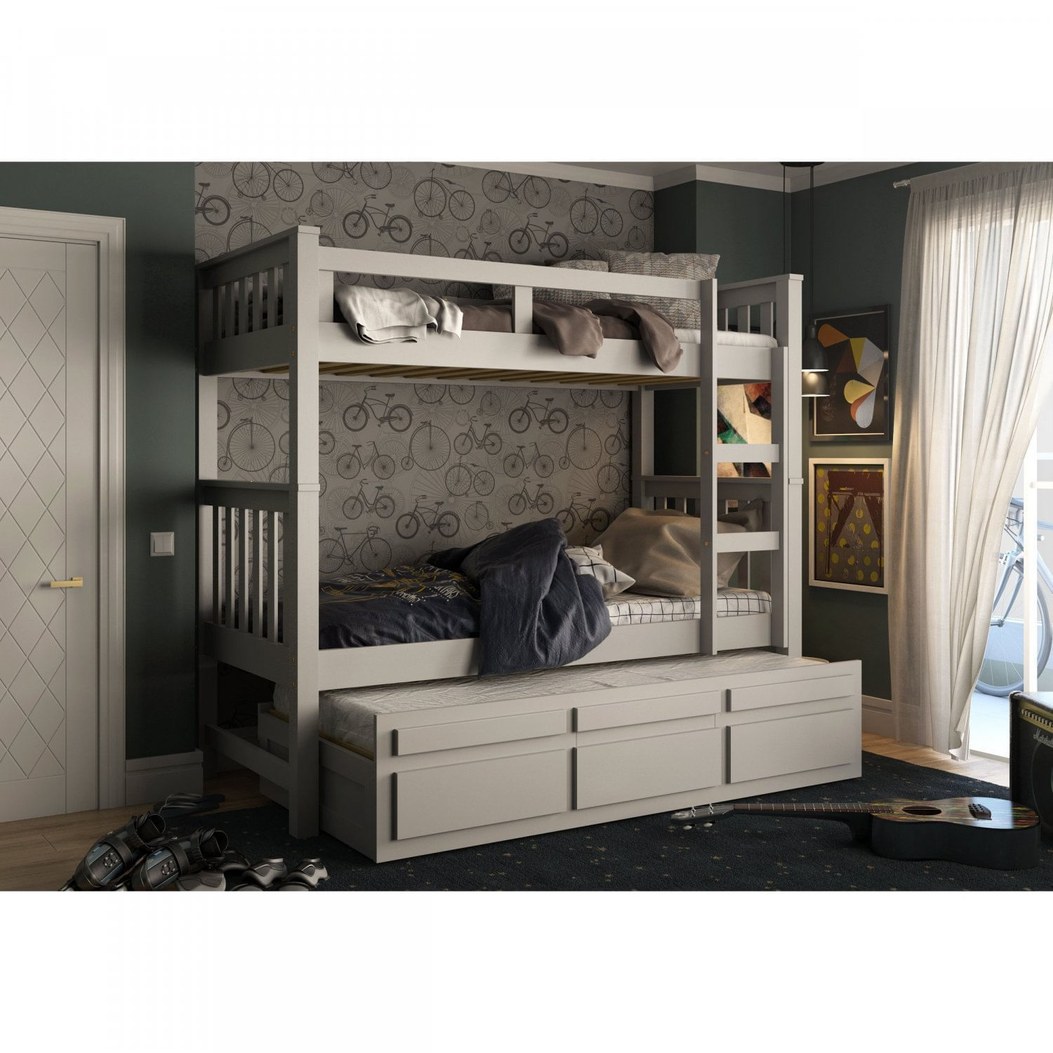 Treliche Solteiro Com 3 Gavetas 100% Madeira Maciça Cinza