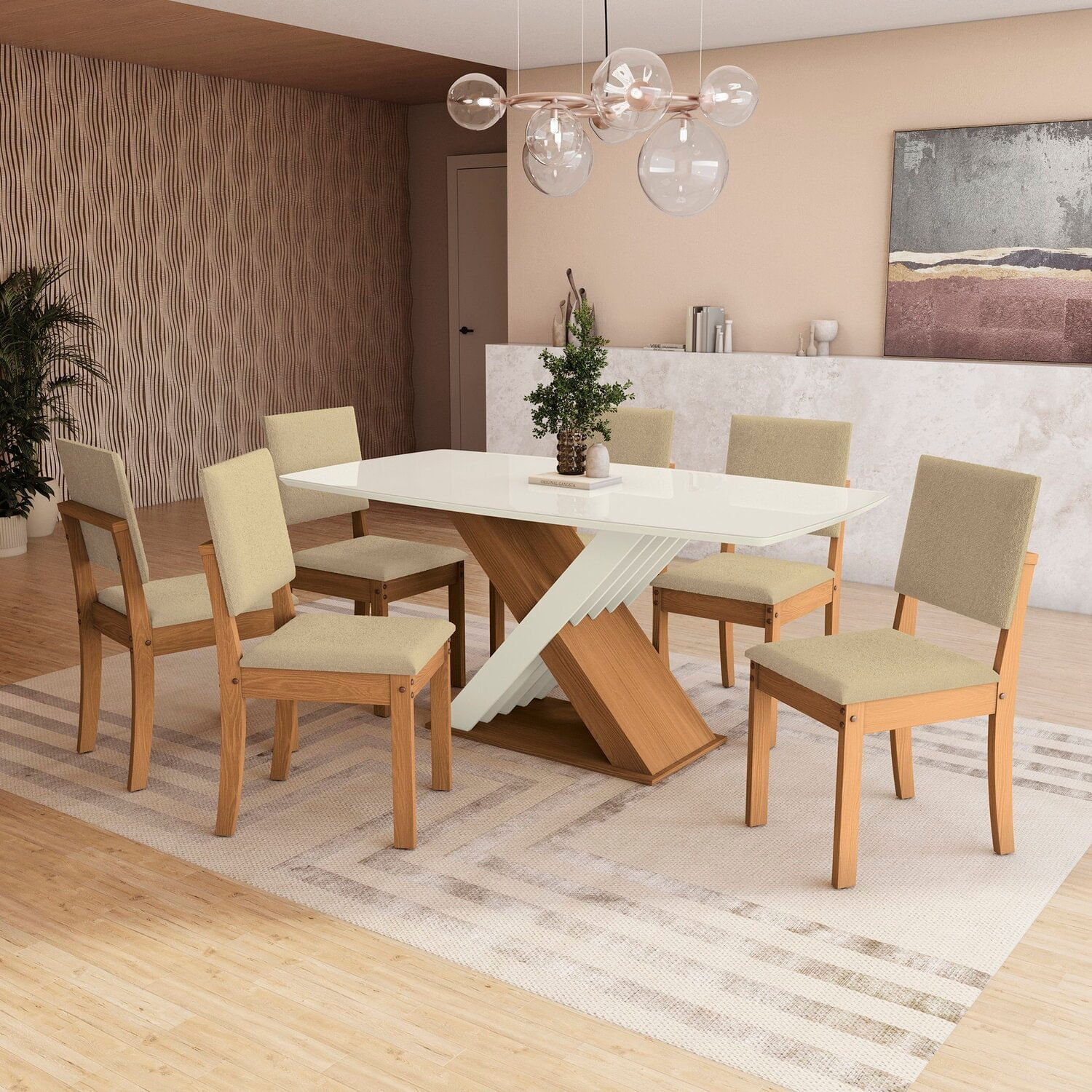 Conjunto Mesa Graviola Com 6 Cadeiras Canela/ Bege