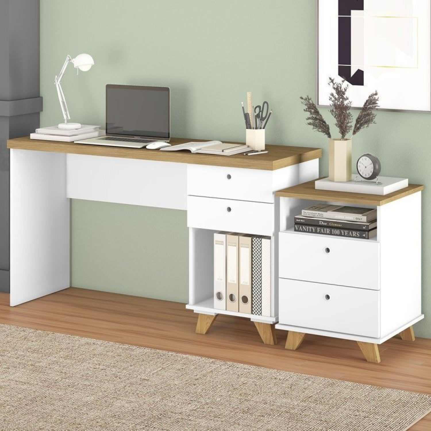 Kit Retrô 2 Peças Escrivaninha Sky Com Gaveteiro 2 Gavetas Day