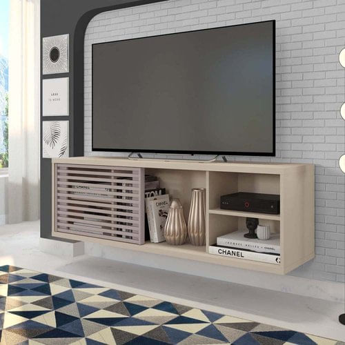 Rack Suspenso para TV até 55 Polegadas 136cm em BP Porta Ripada Multiverso CabeCasa MadeiraMadeira Off White/Cacao