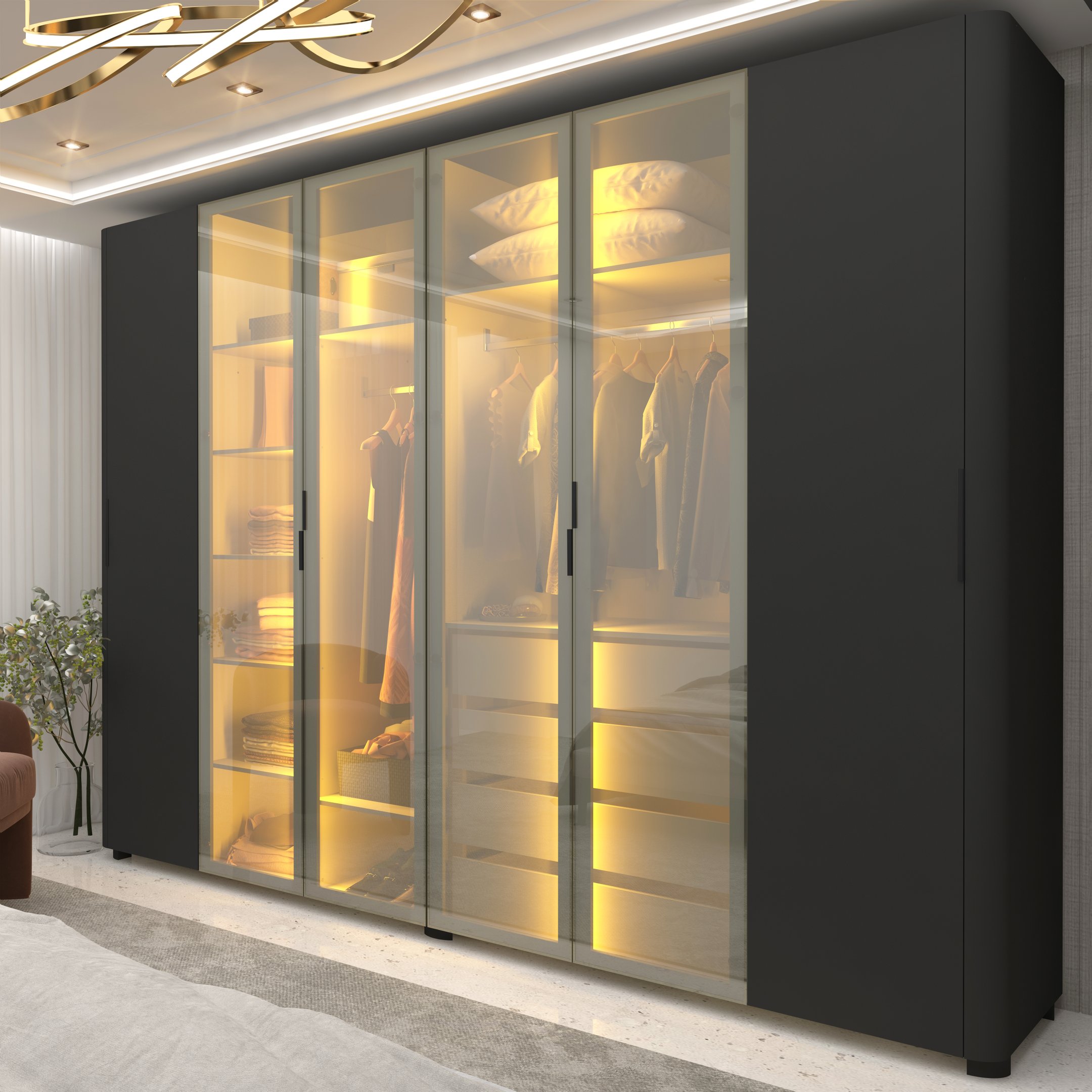 Guarda-roupa Casal 6 Portas Com 4 Portas Reflecta Com Pés Com Led Innova Preto Acetinado