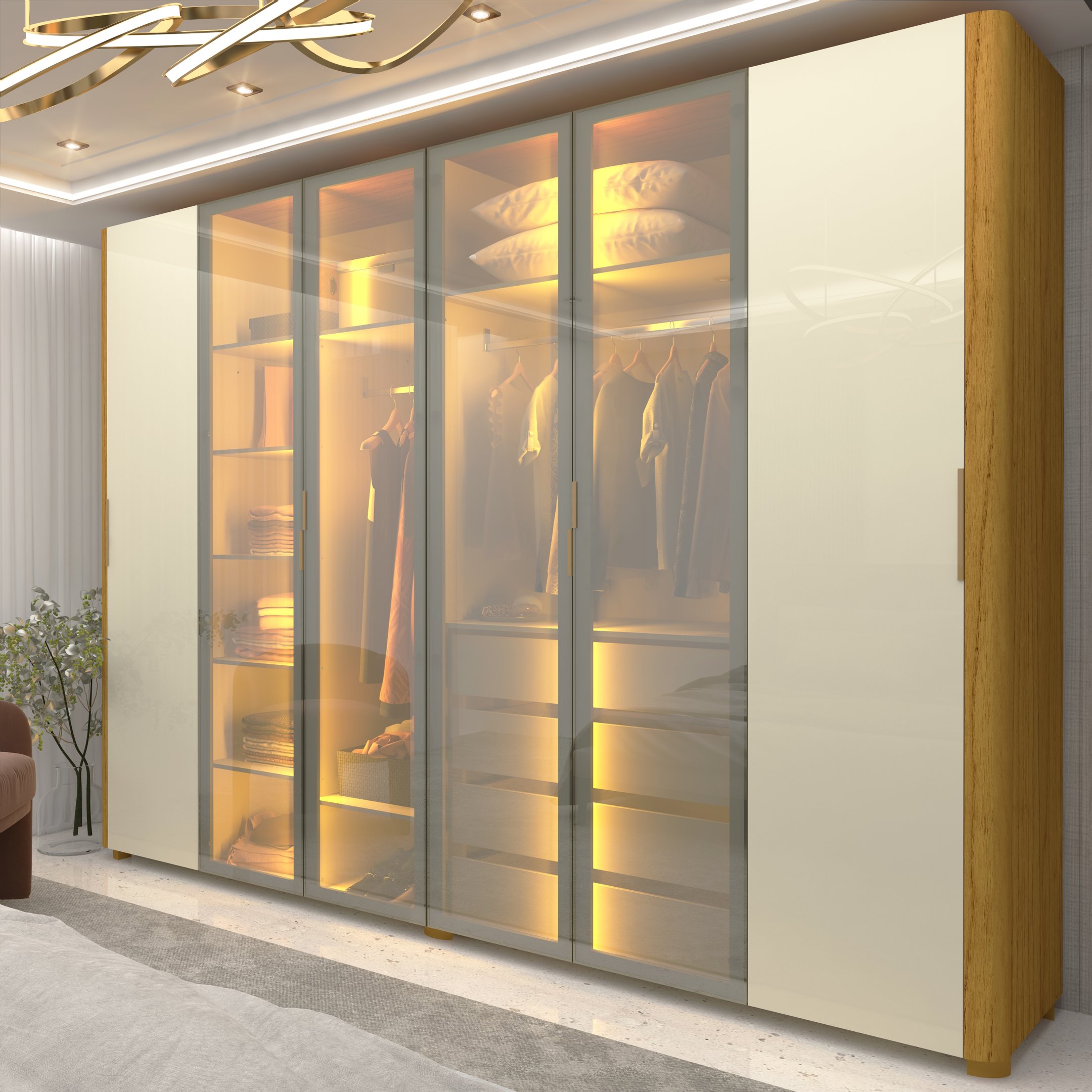 Guarda-roupa Casal 6 Portas Com 4 Portas Reflecta Com Pés Com Led Innova Naturale/off White