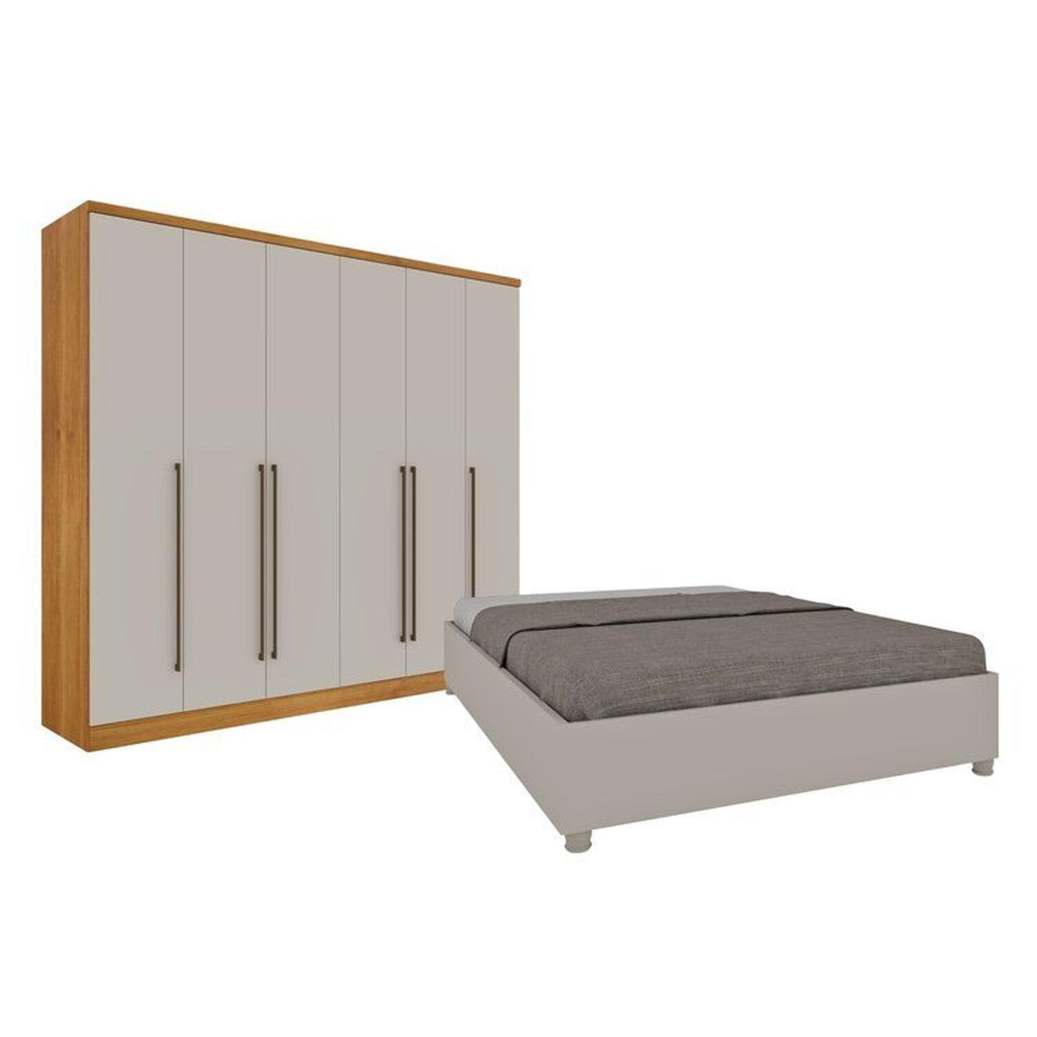 Quarto De Casal Guarda-roupa 6 Portas Portugal E Cama Box Casal Monaco Espresso Móveis Cinamomo/off White