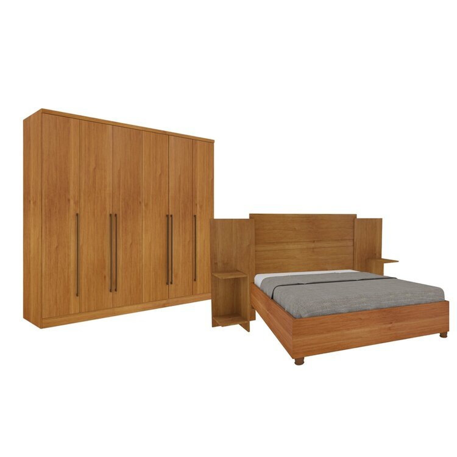 Quarto De Casal Guarda-roupa 6 Portas Portugal E Cama Box Casal Monaco Queen Com Painel Espresso Móv Cinamomo