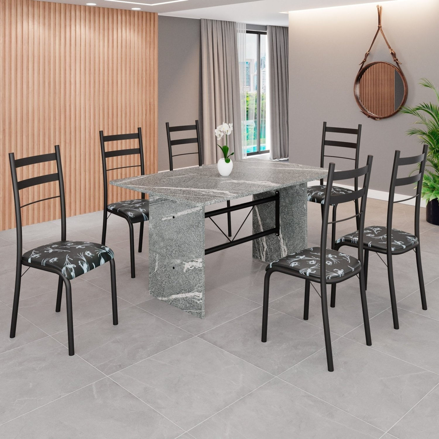 Conjunto Sala De Jantar Mesa Retangular 140x75cm Tampo Granito Topázio 6 Cadeiras Marselha Preto Floral / Preto Fosco