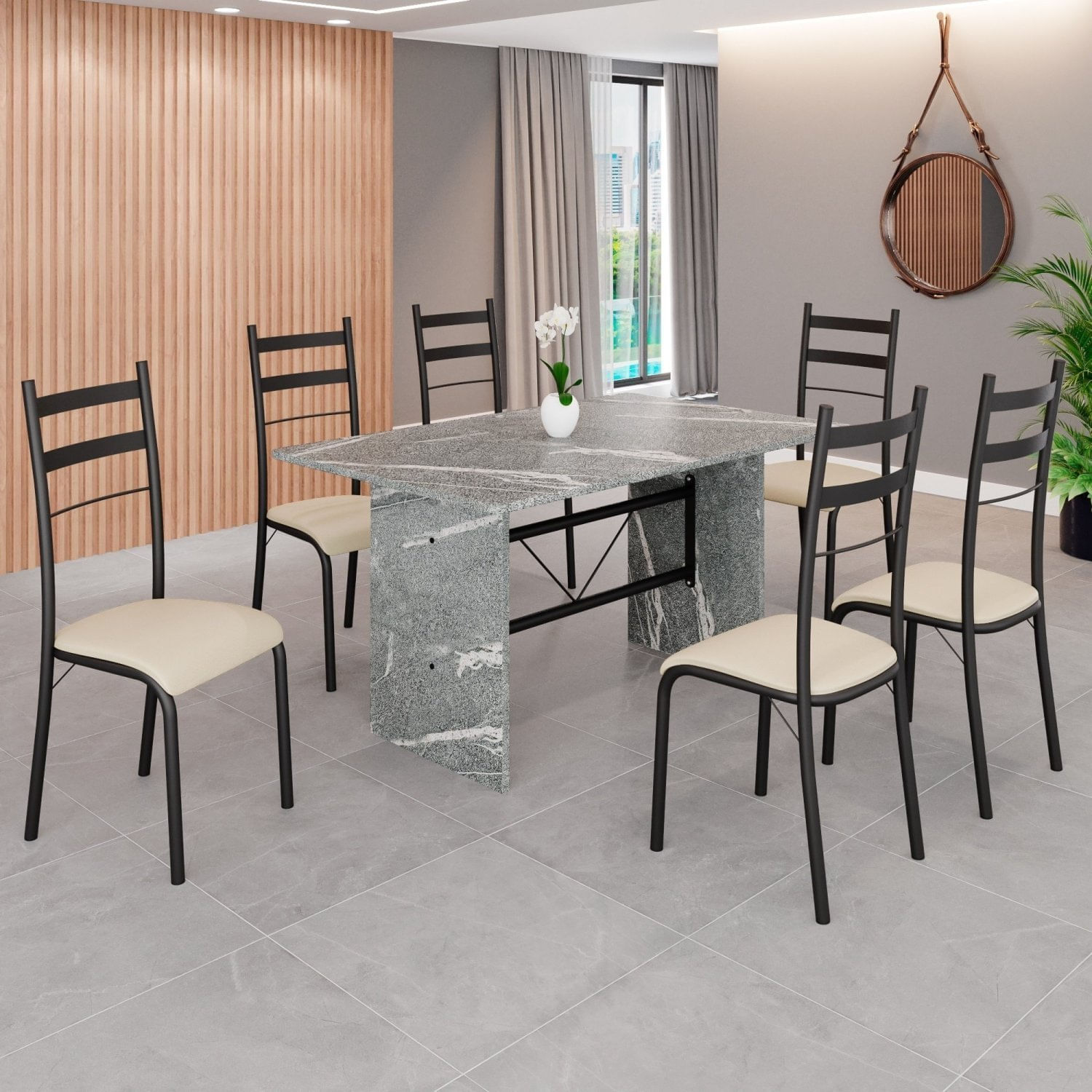 Conjunto Sala De Jantar Mesa Retangular 140x75cm Tampo Granito Topázio 6 Cadeiras Marselha Creme / Preto Fosco