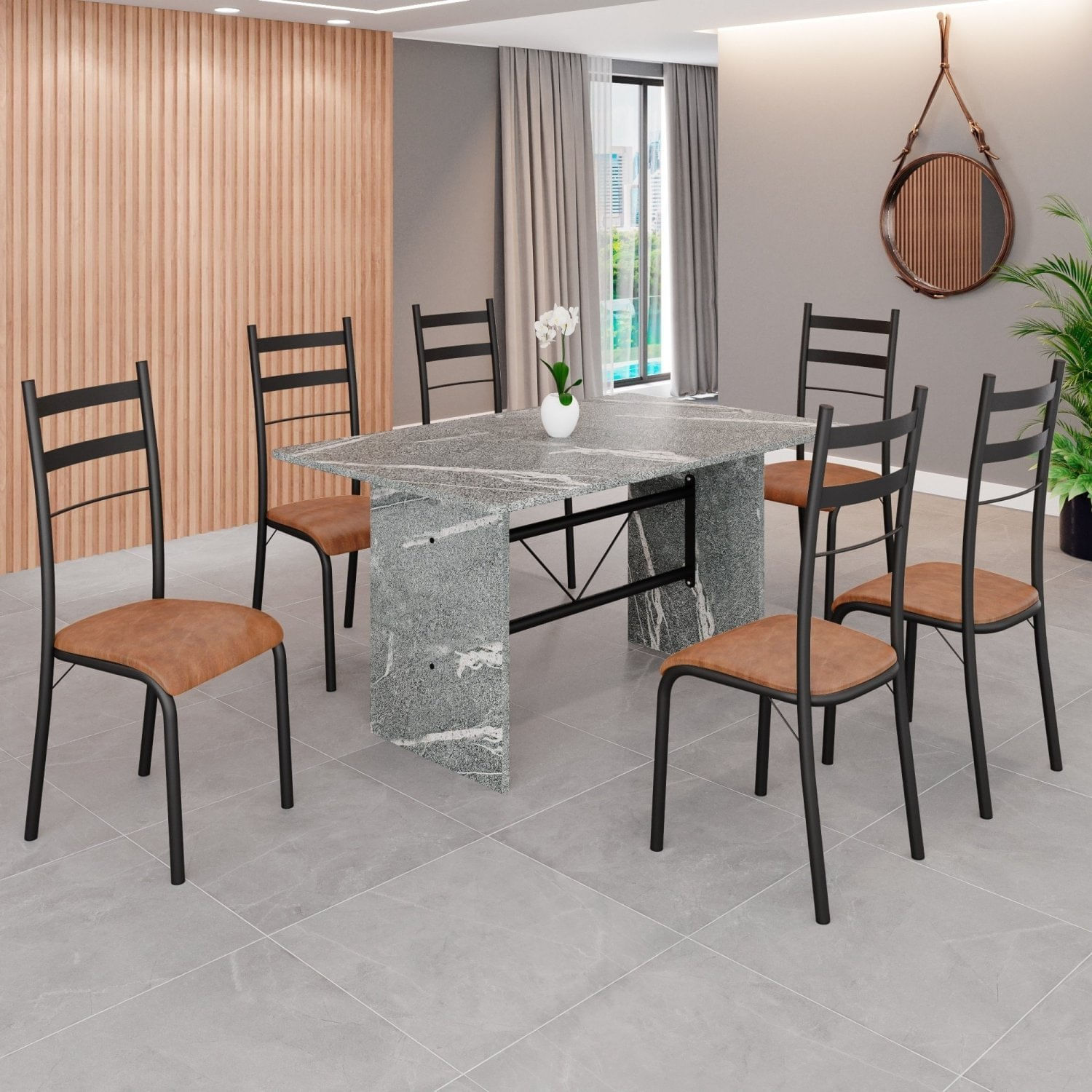 Conjunto Sala De Jantar Mesa Retangular 140x75cm Tampo Granito Topázio 6 Cadeiras Marselha C. Marrom / Preto Fosco