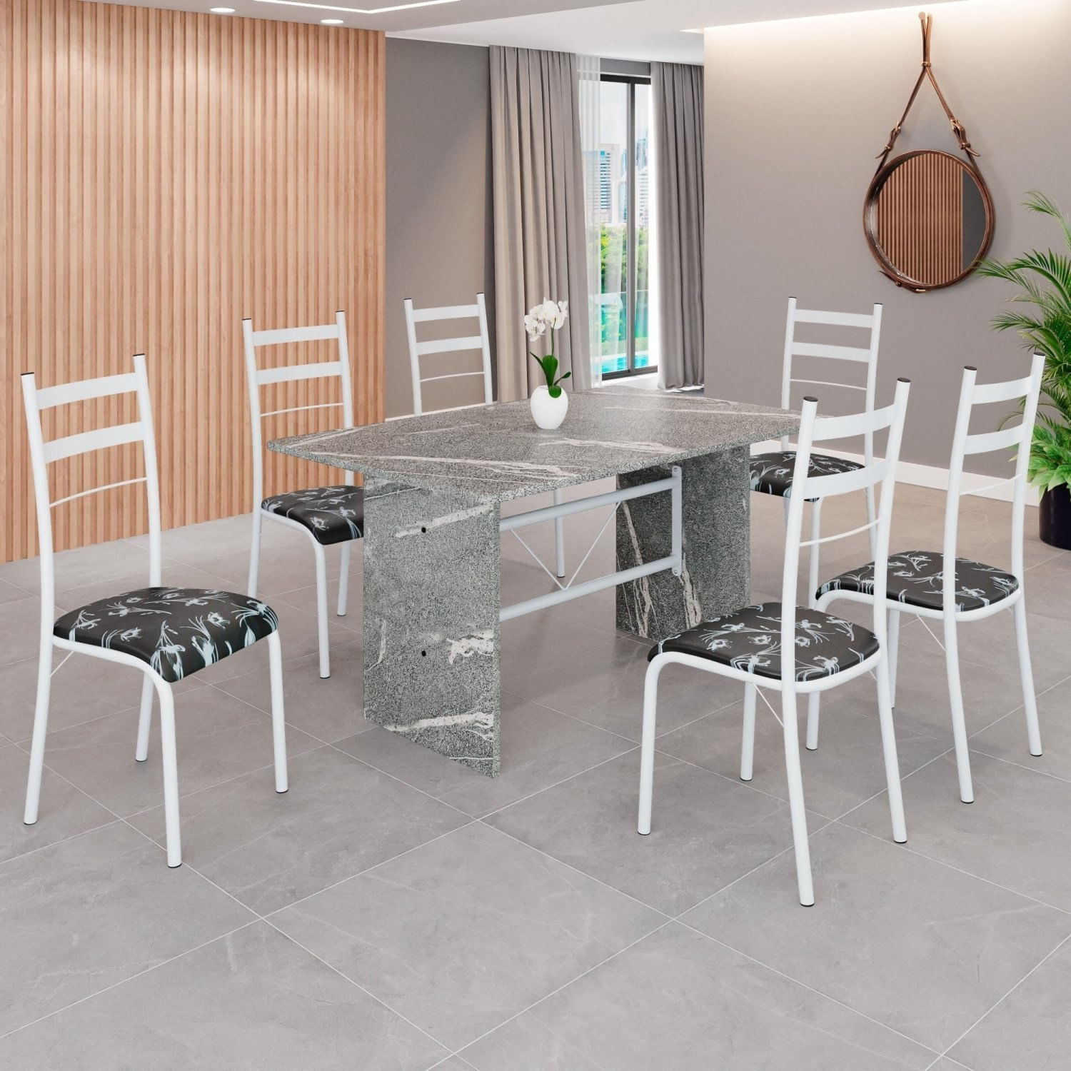 Conjunto Sala De Jantar Mesa Retangular 140x75cm Tampo Granito Topázio 6 Cadeiras Marselha Preto Floral / Branco