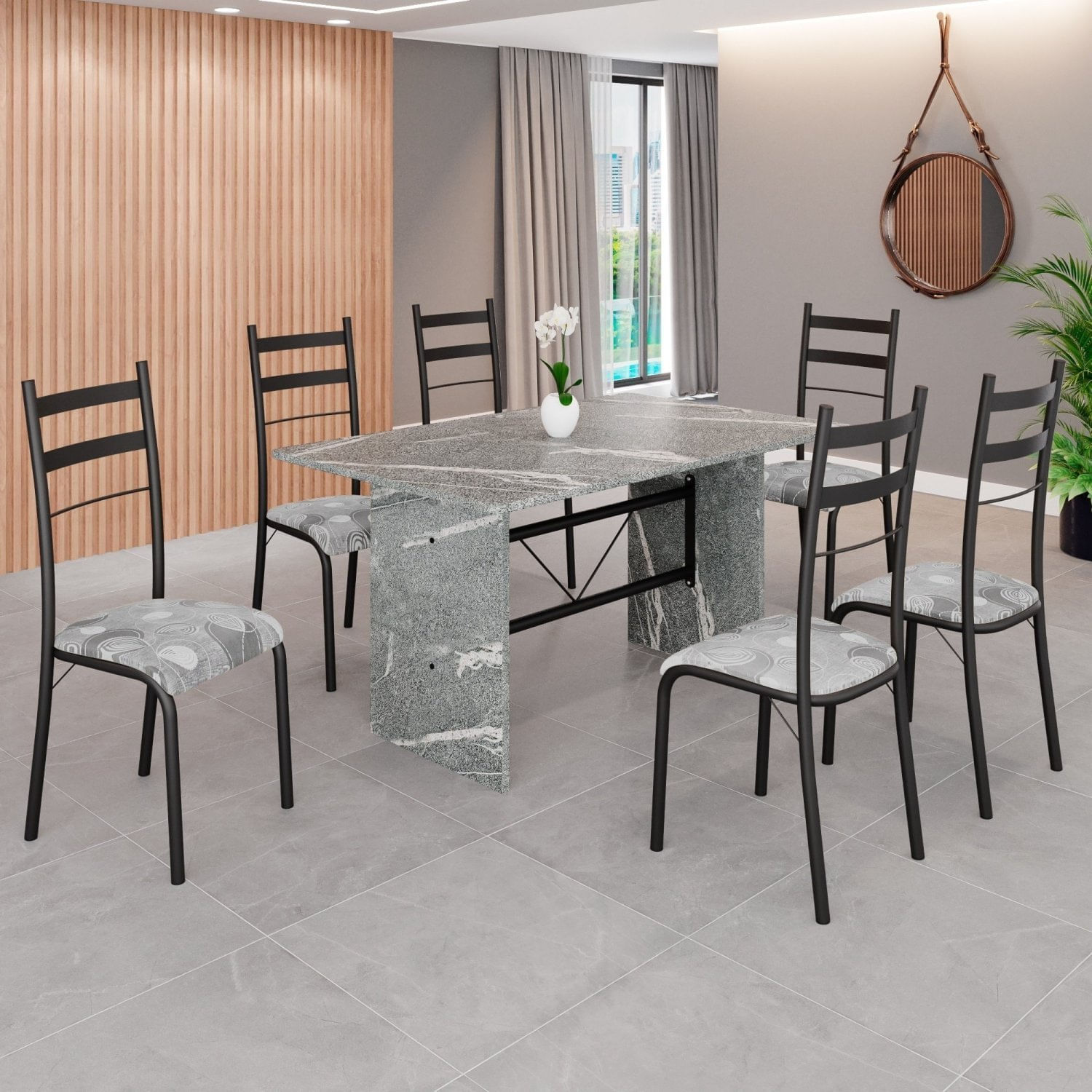 Conjunto Sala De Jantar Mesa Retangular 140x75cm Tampo Granito Topázio 6 Cadeiras Marselha Paraopeba/ Preto Fosco