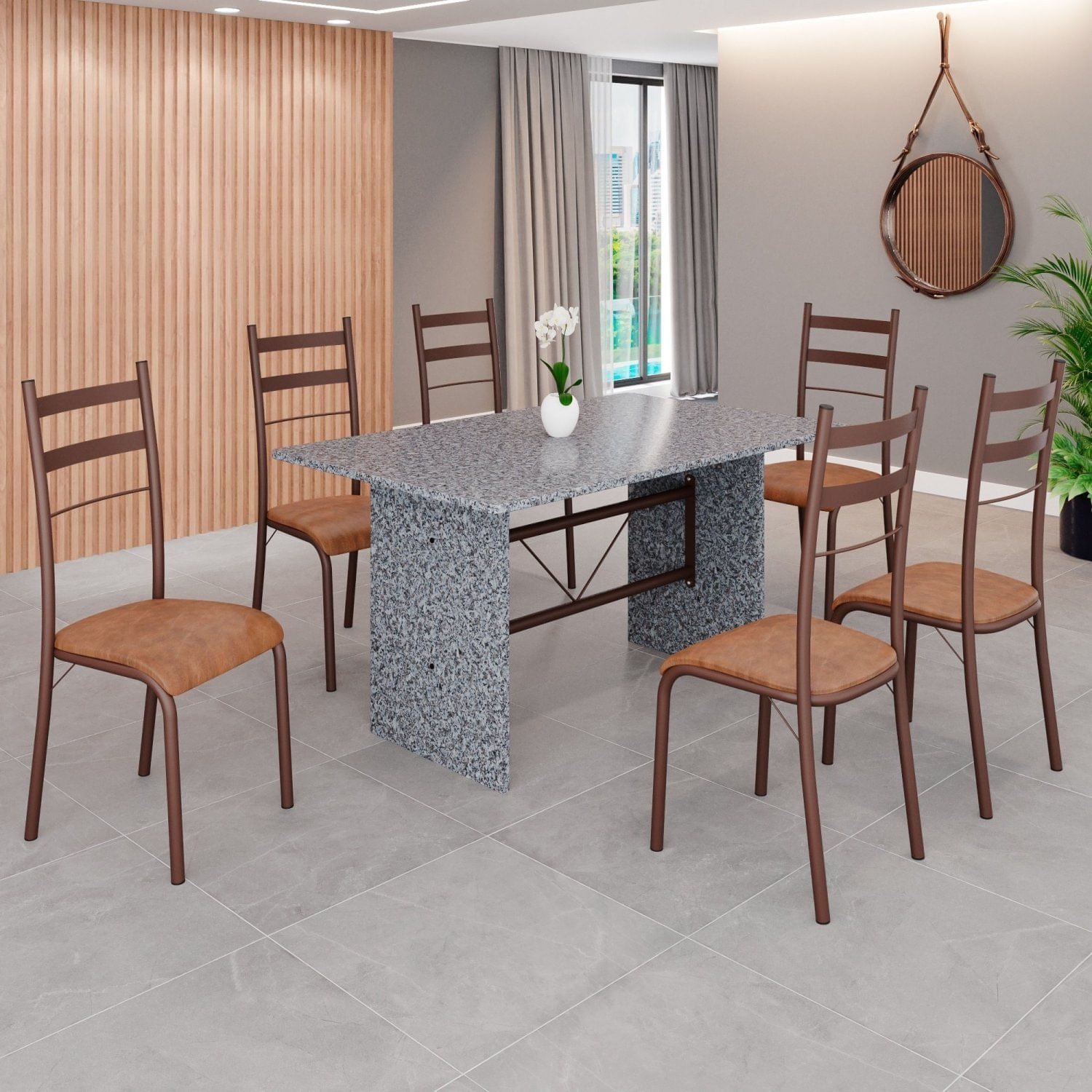 Conjunto Sala De Jantar Mesa Retangular 140x75cm Tampo Granito Ocre 6 Cadeiras Marselha C. Marrom / Marrom