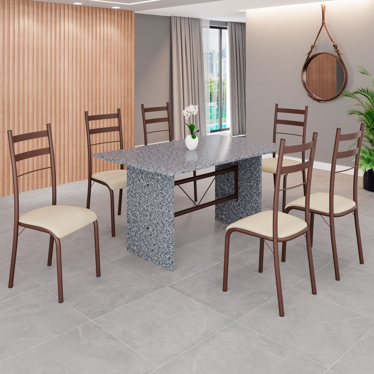 Conjunto Sala De Jantar Mesa Retangular 140x75cm Tampo Granito Ocre 6 Cadeiras Marselha Creme / Marrom