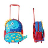 Mochila Infantil Com Rodinha E Alças Tema Dinossauro Azul