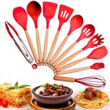 Kit 12 Utensilios De Cozinha Silicone Com Suporte E Cabo De Madeira Bambu Antiaderentes Kitchen Utensils Set - Panami