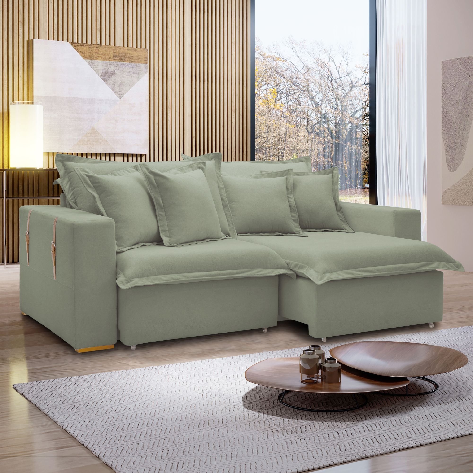 Sofá Cama Retrátil E Reclinável 240cm Arizona Com Almofadas Verde