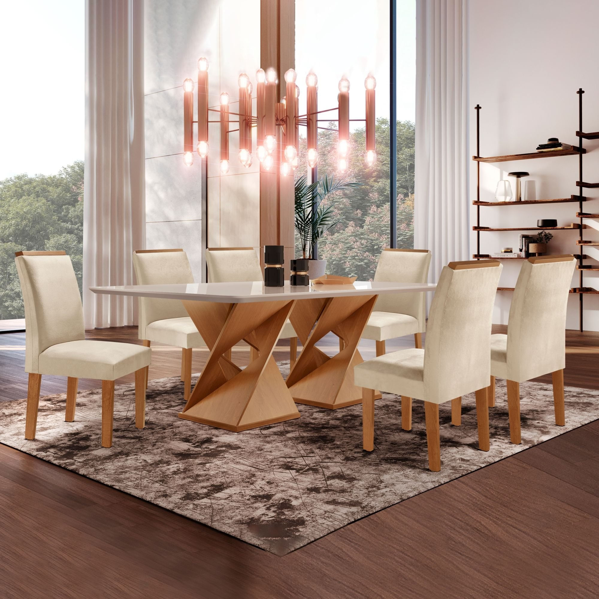 Conjunto Sala De Jantar Genova Tampo Vidro/mdf Com 6 Cadeiras Luísa Smart Plus Cel Móveis Cinamomo/off White/bege
