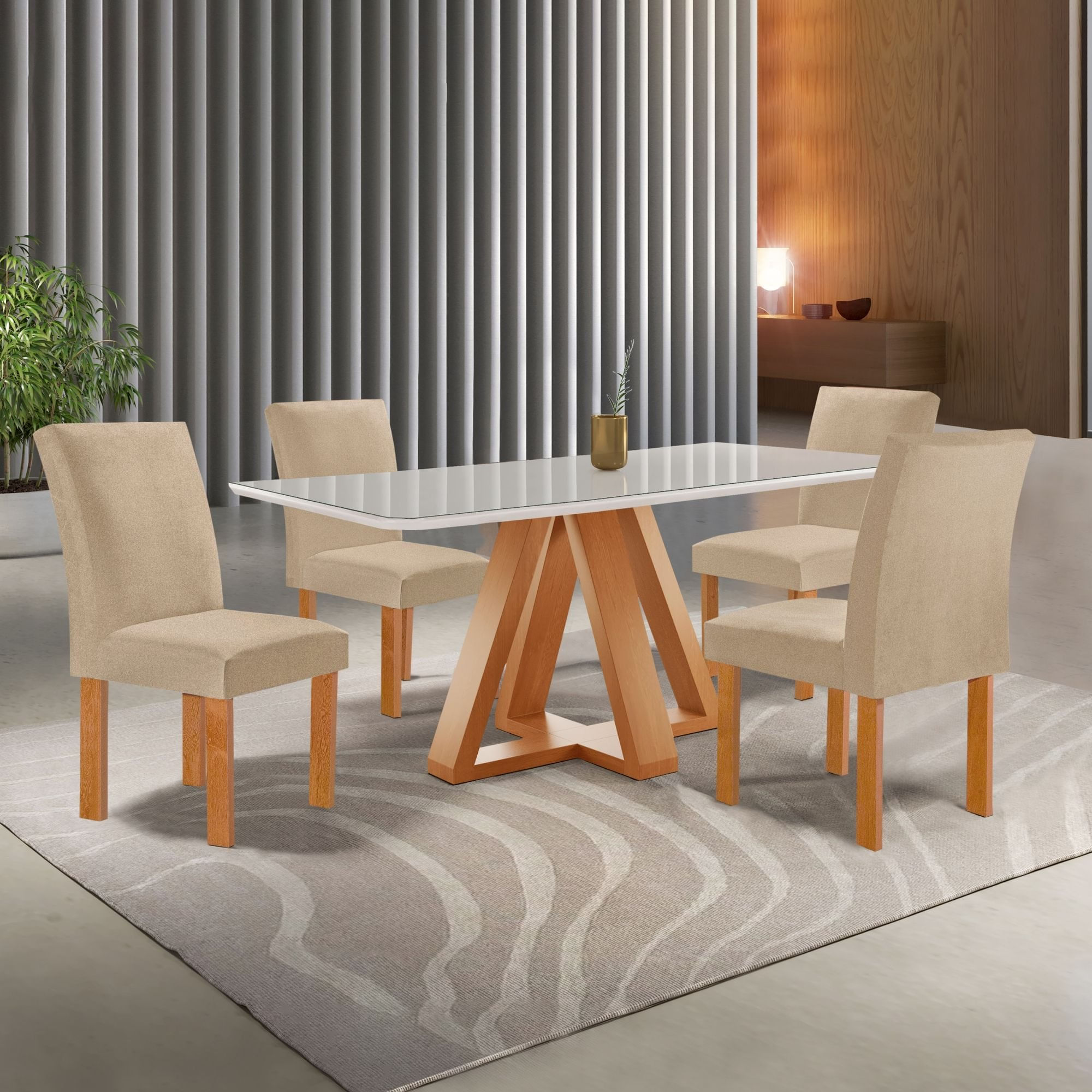 Conjunto Mesa Tampo Smart Plus Vidro Kyra 120cmx90cm 4 Cadeiras Canela Cinamomo/off White/suede Cru