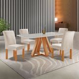 Conjunto Mesa Tampo Smart Plus Vidro Kyra 120cmx90cm 4 Cadeiras Canela Cinamomo/off White/suede Bege