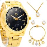 Relogio Banhado Aço Inox Feminino + Pulseira + Colar Brinco