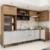Cozinha Modulada Toscana 7 Peças Mdf Com Aéreo 1200 Porta De Vidro Basculante E Armários Canto Freijó/off White