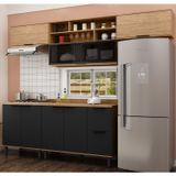 Cozinha Modulada Toscana Em Mdf 5 Peças Com Aéreo 1200 Porta De Vidro E Aéreo Geladeira Com Tampo Freijó/nero