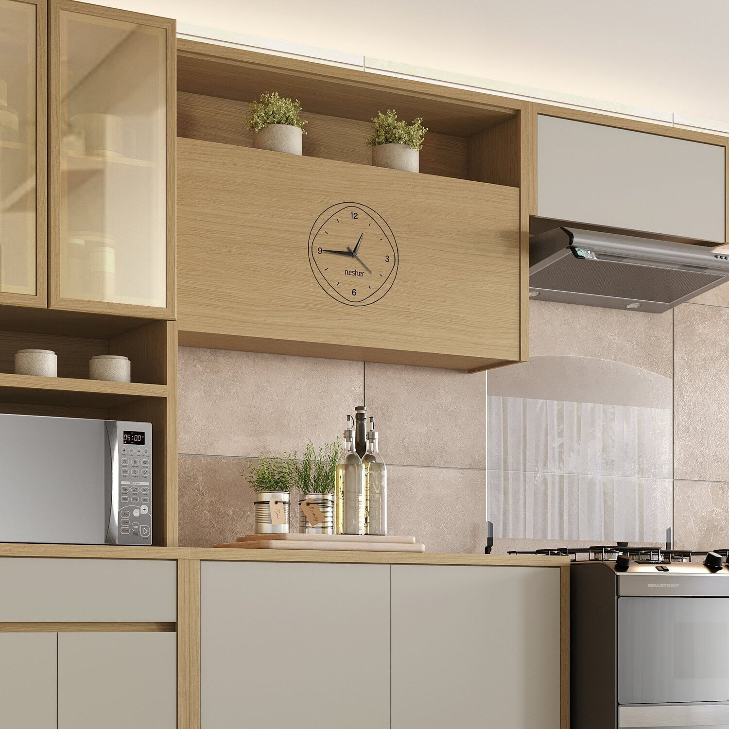 Armário Aéreo 1 Porta Com Relógio Condessa 100% Mdf 120cm Carvalho/greige