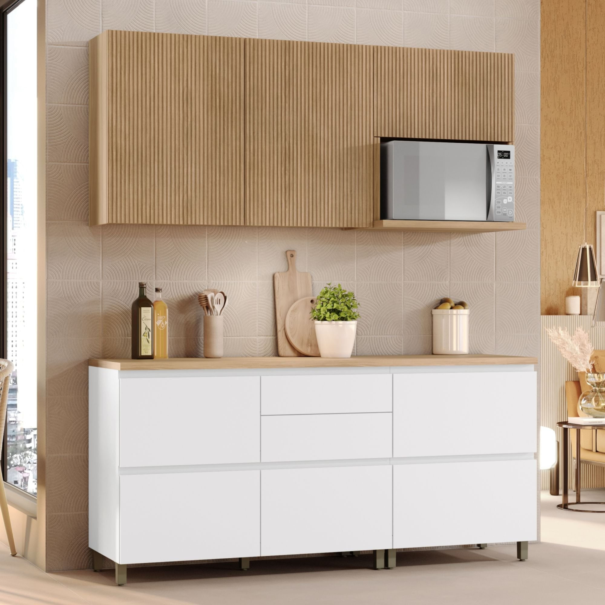 Cozinha Modulada 4 Peças Ripado Nesher 100% Mdf Rainha Branco/nature