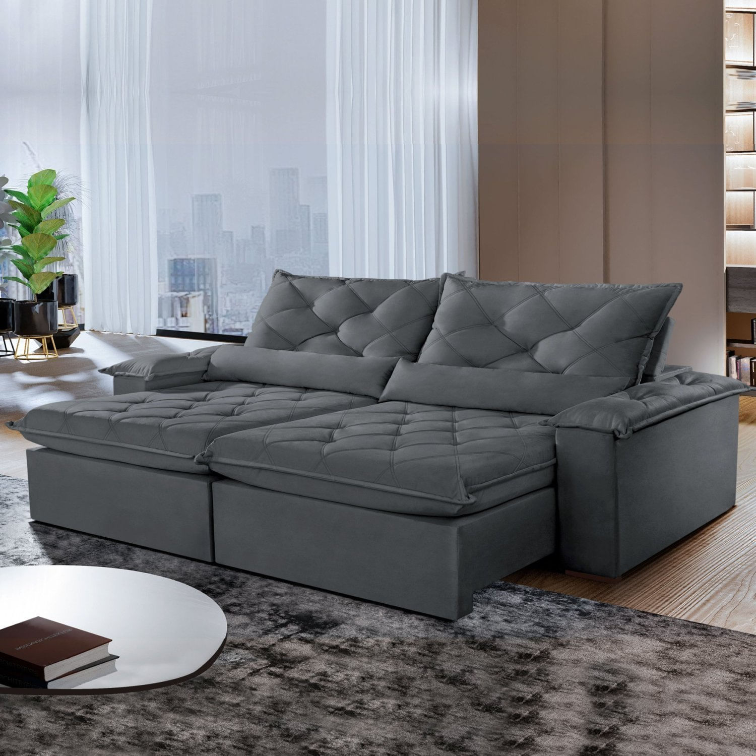 Sofá Retrátil E Reclinável 3 Lugares 200cm Diamond Super Pillow Montano Estofados Veludo Grafite