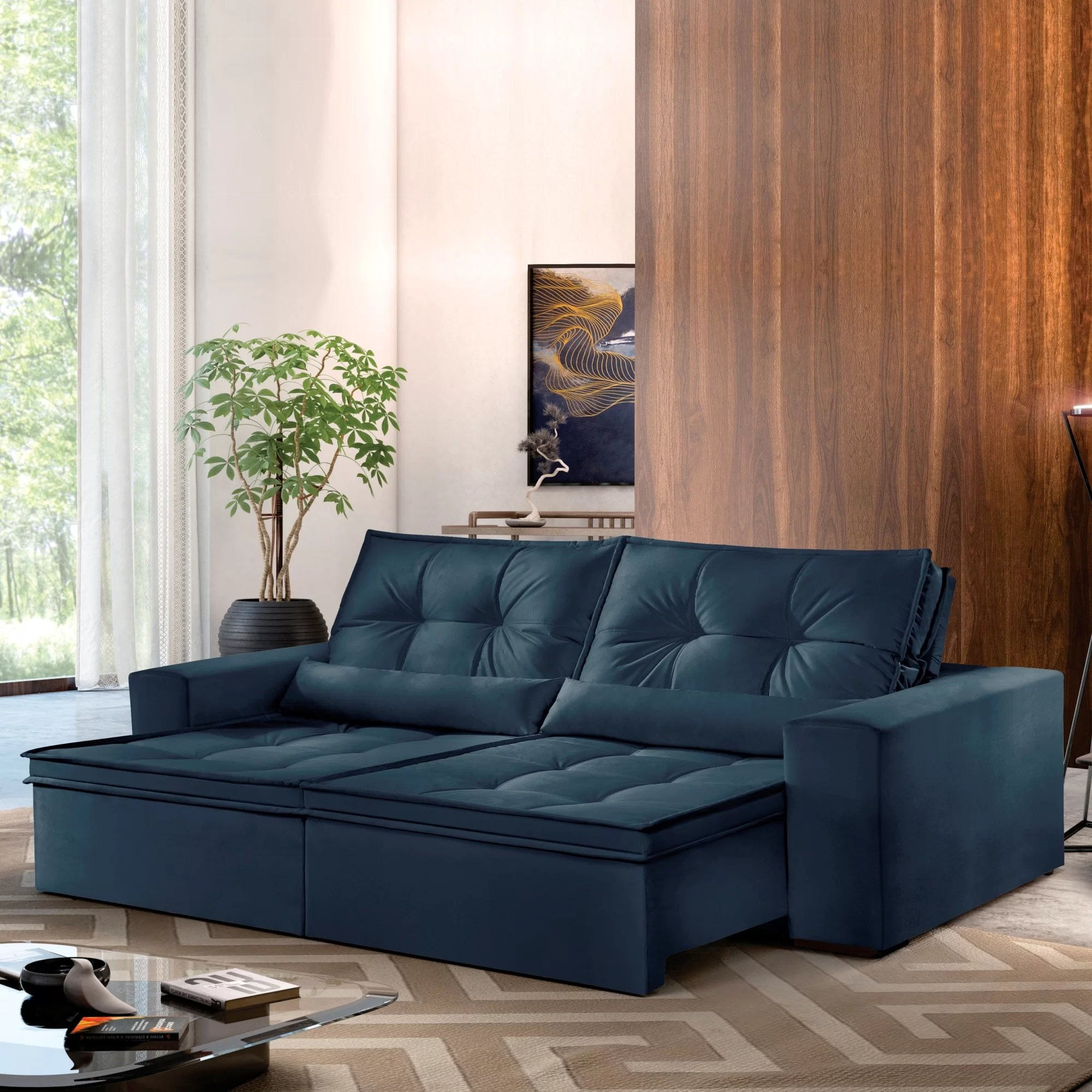 Sofá Reclinável 4 Lugares 250cm Enzo Montano Estofados Veludo Azul Marinho