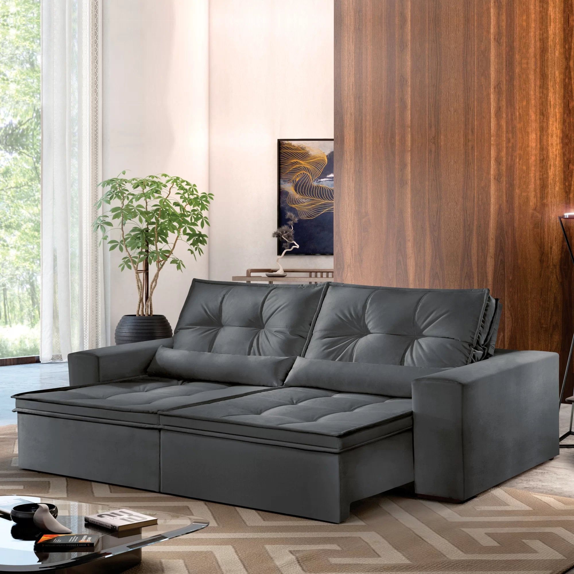 Sofá Reclinável 3 Lugares 210cm Enzo Montano Estofados Veludo Grafite