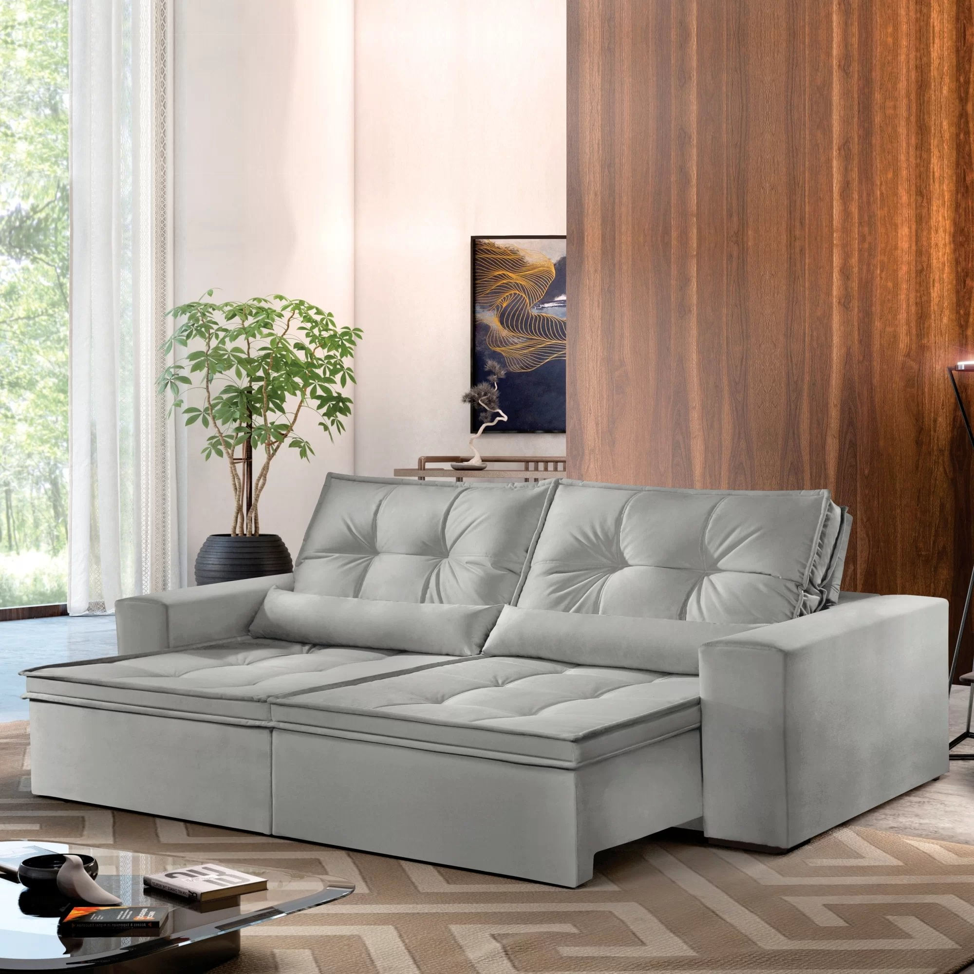 Sofá Reclinável 3 Lugares 210cm Enzo Montano Estofados Veludo Cinza