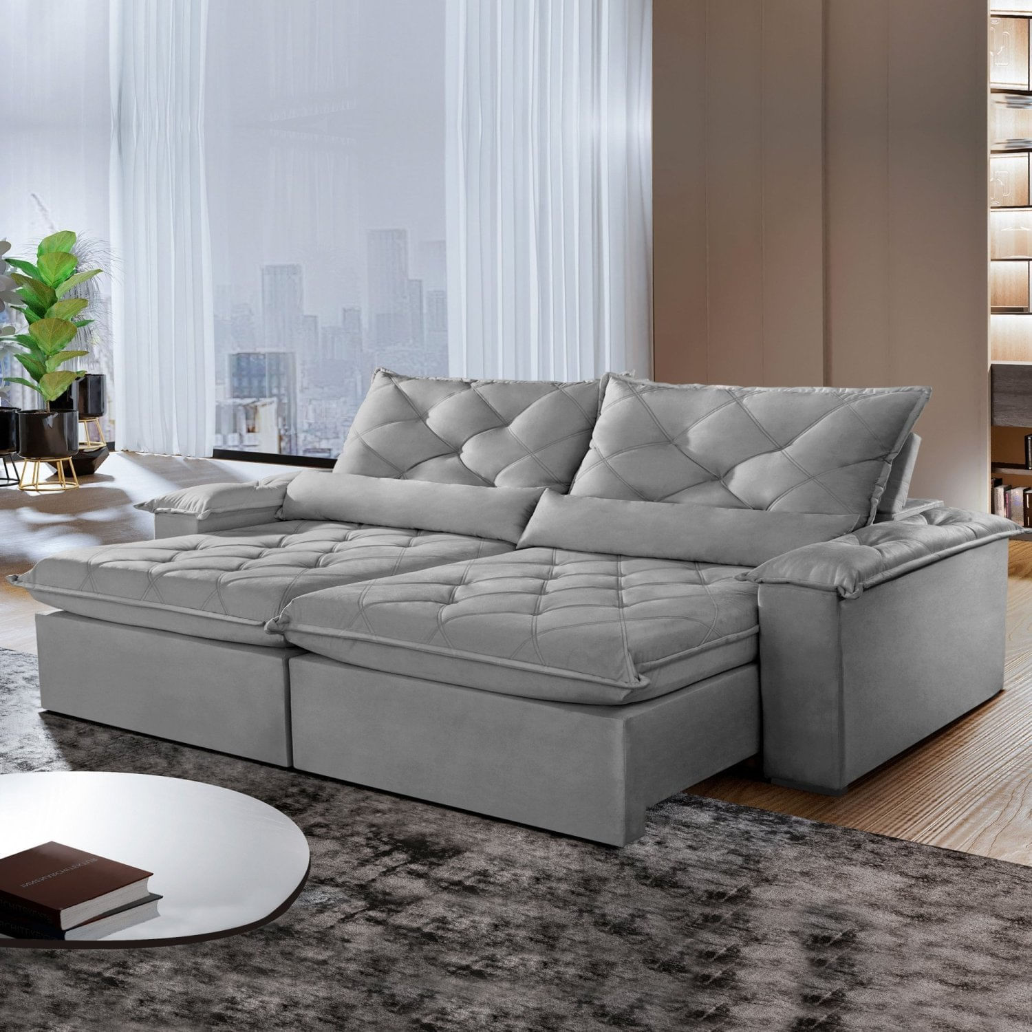 Sofá Retrátil E Reclinável 3 Lugares 200cm Diamond Super Pillow Montano Estofados Veludo Cinza