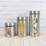 Jogo 3 Potes Para Mantimentos Inox E Vidro Tampa De Rosca