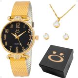 Relogio Feminino Banhado Dourado + Colar Brincos Casual