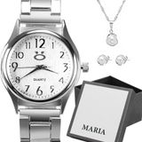 Relogio Feminino Prata Aço Inox + Caixa + Colar Brincos