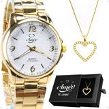Relogio Feminino Banhado Aço + Colar Coração Strass + Caixa Dourado Maria
