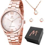 Relogio Feminino Aço Banhado Rose + Caixa + Brincos Colar Qualidade Premium Strass Inoxidável Casual