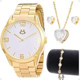 Relogio Feminino Aço Inox Dourado + Colar Strass + Brincos