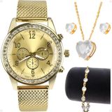 Relogio Feminino Strass Dourado + Colar + Pulseira Social